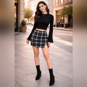 SHEIN Lettuce Trim Bell Sleeve Top & Plaid Slit Hem Two Piece Skirt Set
